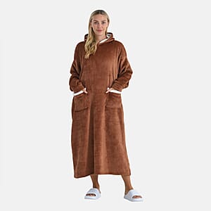 Tamsy Brown Long Fleece Hoodie Sweater Blanket with 2 Front Pockets