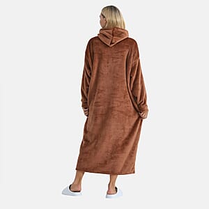 Tamsy Brown Long Fleece Hoodie Sweater Blanket with 2 Front Pockets