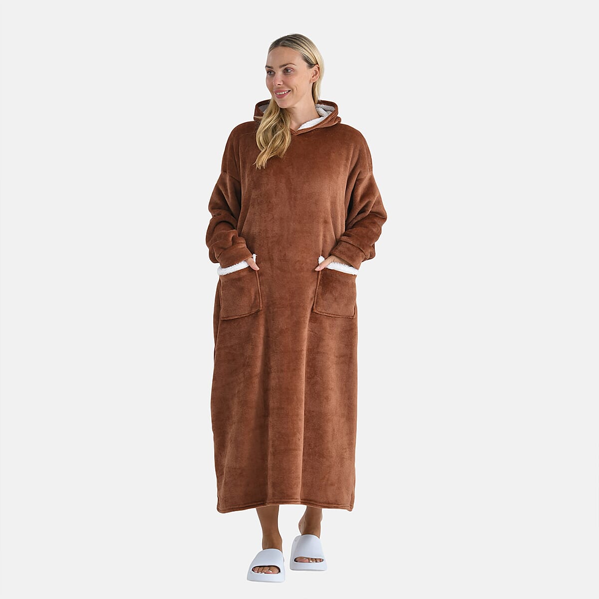 Tamsy Brown Long Fleece Hoodie Sweater Blanket with 2 Front Pockets image number 2