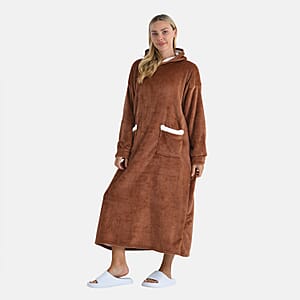 Tamsy Brown Long Fleece Hoodie Sweater Blanket with 2 Front Pockets