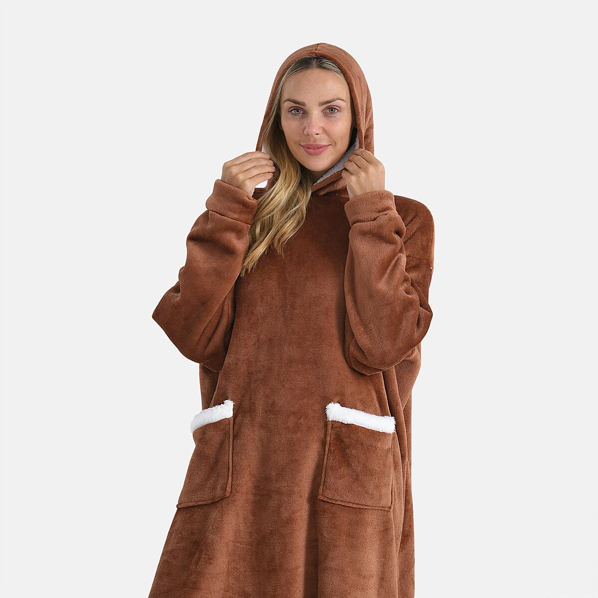 Tamsy Brown Long Fleece Hoodie Sweater Blanket with 2 Front Pockets image number 5