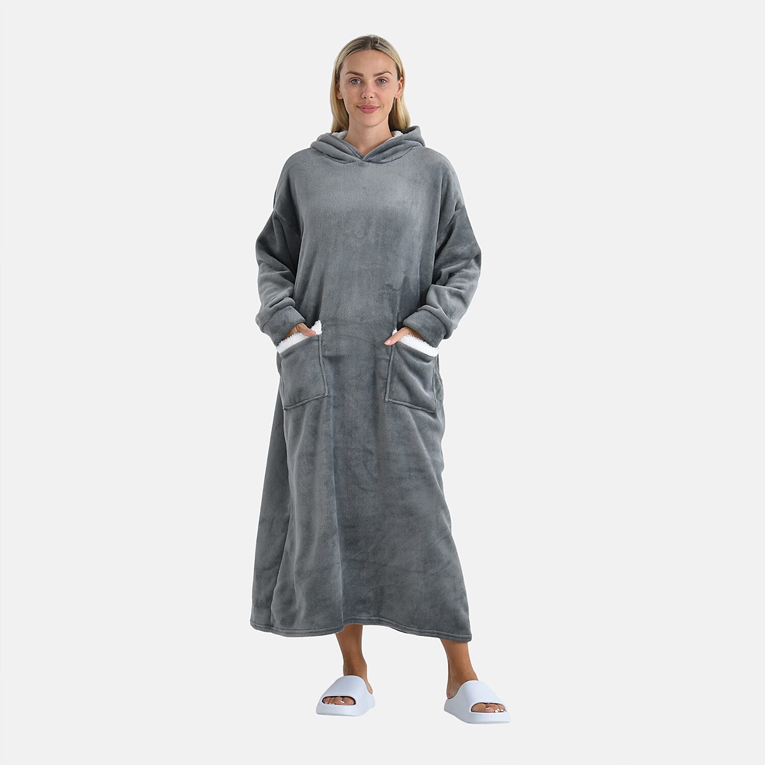 Tamsy Navy Long Fleece Hoodie Sweater Blanket with 2 Front Pockets (49.21"x28.3")