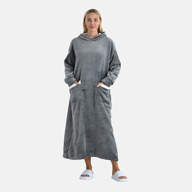 Tamsy Gray Long Fleece Hoodie Sweater Blanket with 2 Front Pockets