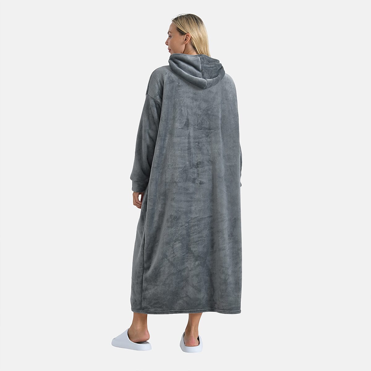 Tamsy Gray Long Fleece Hoodie Sweater Blanket with 2 Front Pockets image number 2