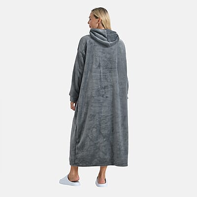 Tamsy Gray Long Fleece Hoodie Sweater Blanket with 2 Front Pockets