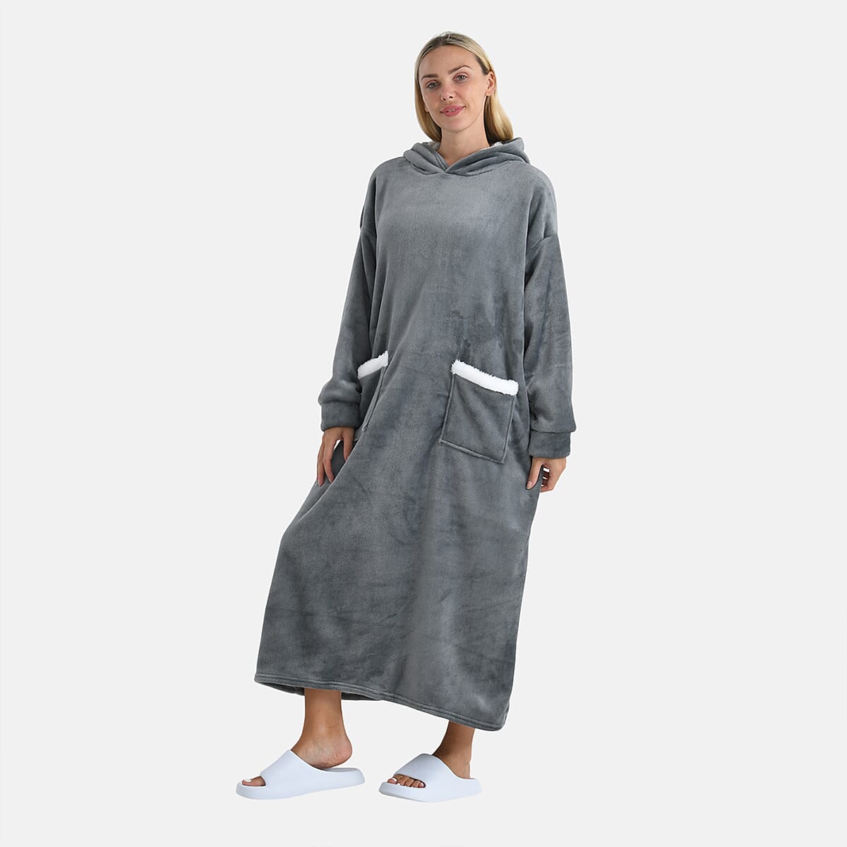 Tamsy Gray Long Fleece Hoodie Sweater Blanket with 2 Front Pockets image number 3