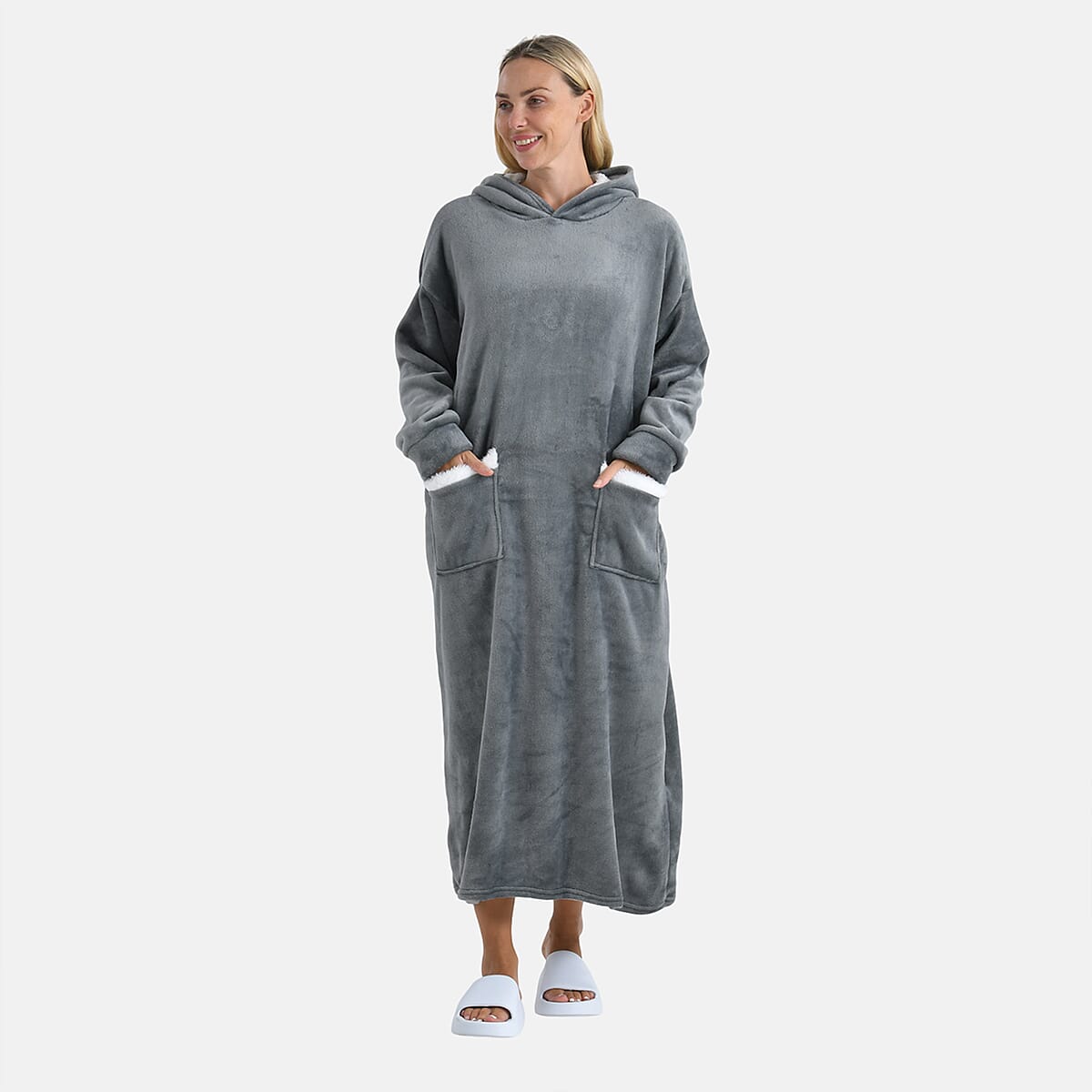 Tamsy Gray Long Fleece Hoodie Sweater Blanket with 2 Front Pockets image number 4
