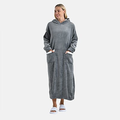 Tamsy Gray Long Fleece Hoodie Sweater Blanket with 2 Front Pockets