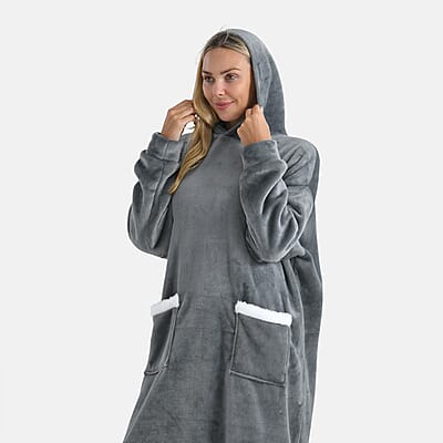 Tamsy Gray Long Fleece Hoodie Sweater Blanket with 2 Front Pockets