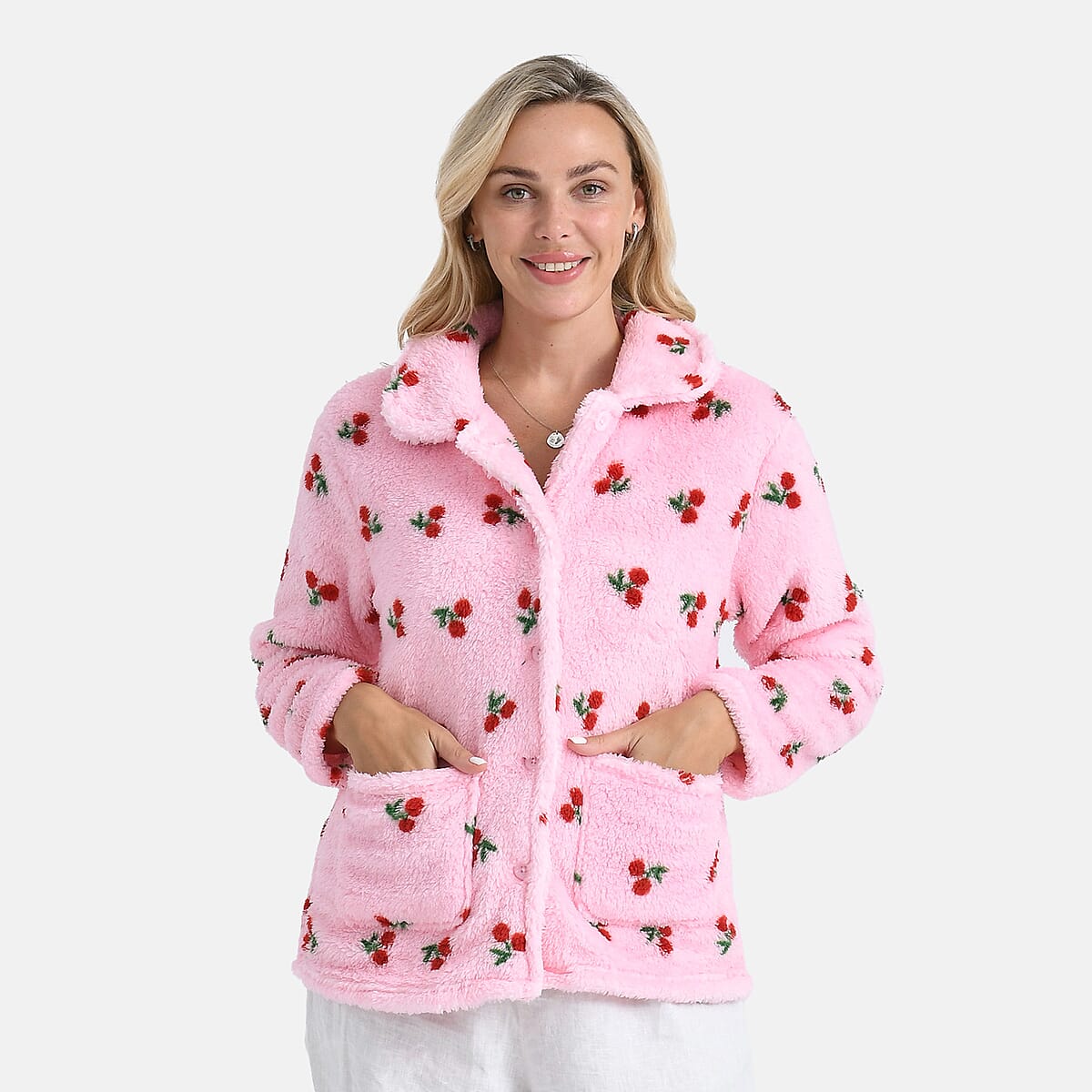 TAMSY Pink Cherries Plush Fleece Collared Button-up Lounge Jacket - Medium image number 0