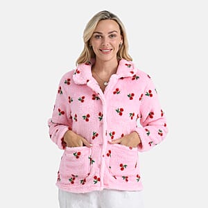 TAMSY Pink Cherries Plush Fleece Collared Button-up Lounge Jacket - Medium