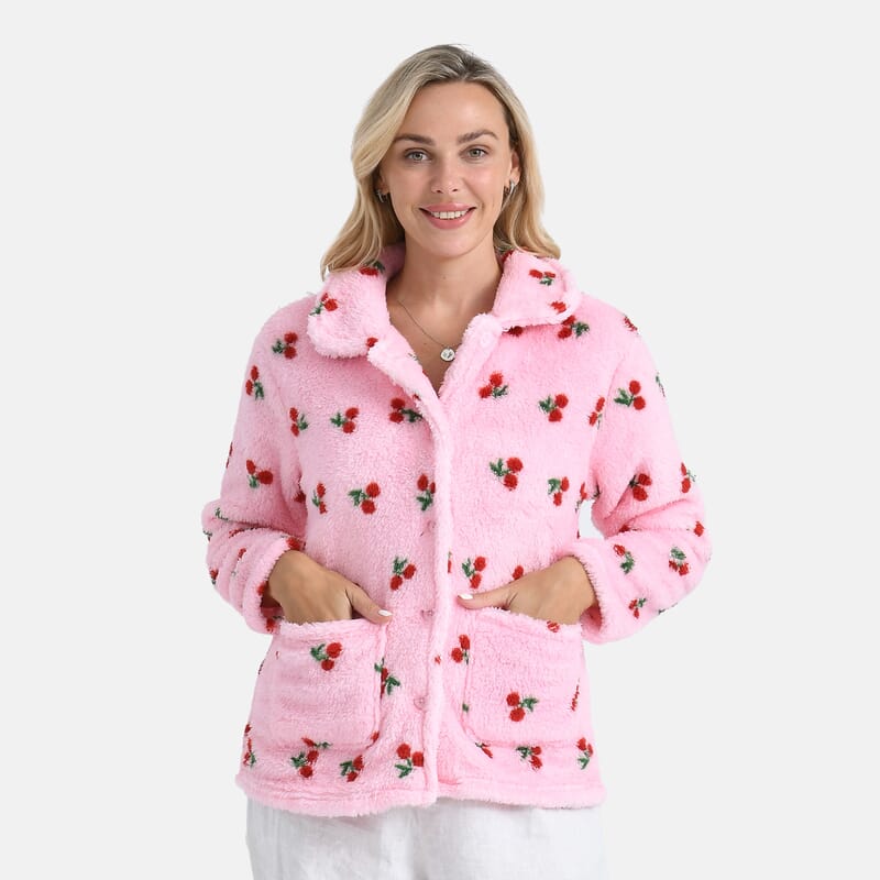 TAMSY Pink Cherries Plush Fleece Collared Button-up Lounge Jacket - Medium