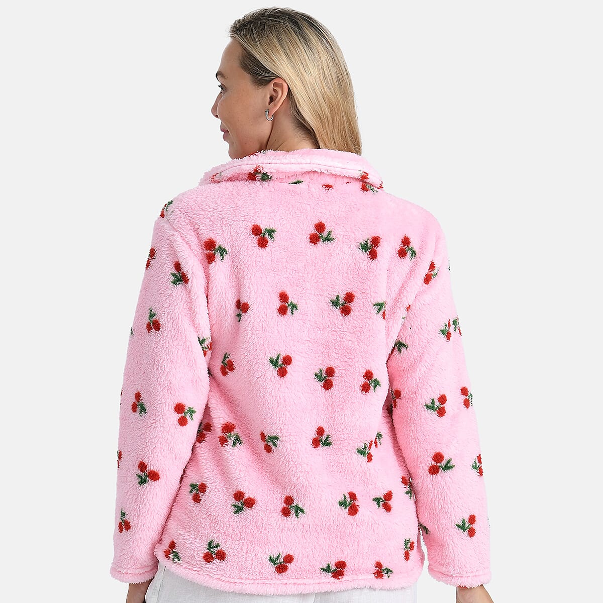 TAMSY Pink Cherries Plush Fleece Collared Button-up Lounge Jacket - Medium image number 1