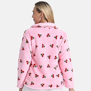 TAMSY Pink Cherries Plush Fleece Collared Button-up Lounge Jacket - Medium