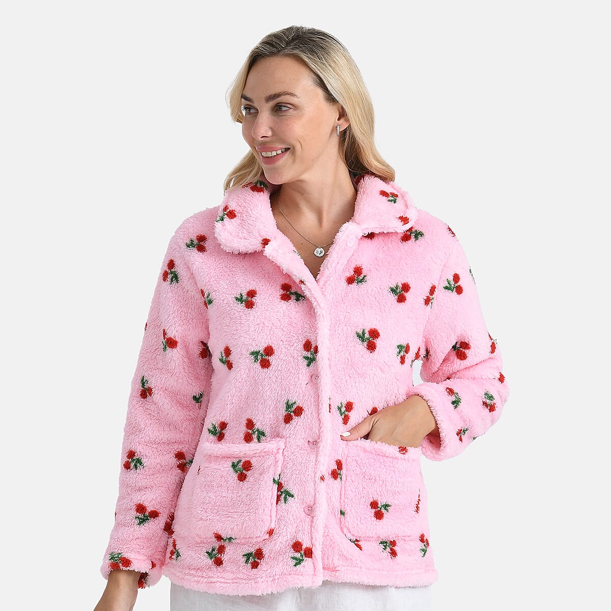 TAMSY Pink Cherries Plush Fleece Collared Button-up Lounge Jacket - Medium image number 2