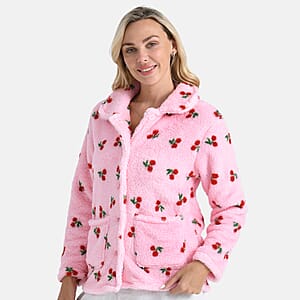 TAMSY Pink Cherries Plush Fleece Collared Button-up Lounge Jacket - Medium