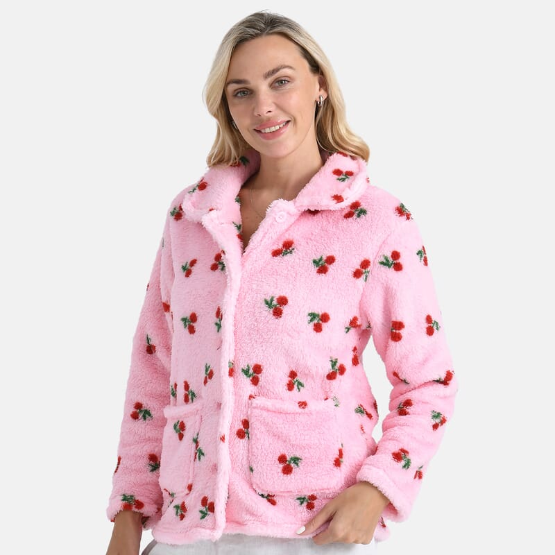 TAMSY Pink Cherries Plush Fleece Collared Button-up Lounge Jacket - Medium