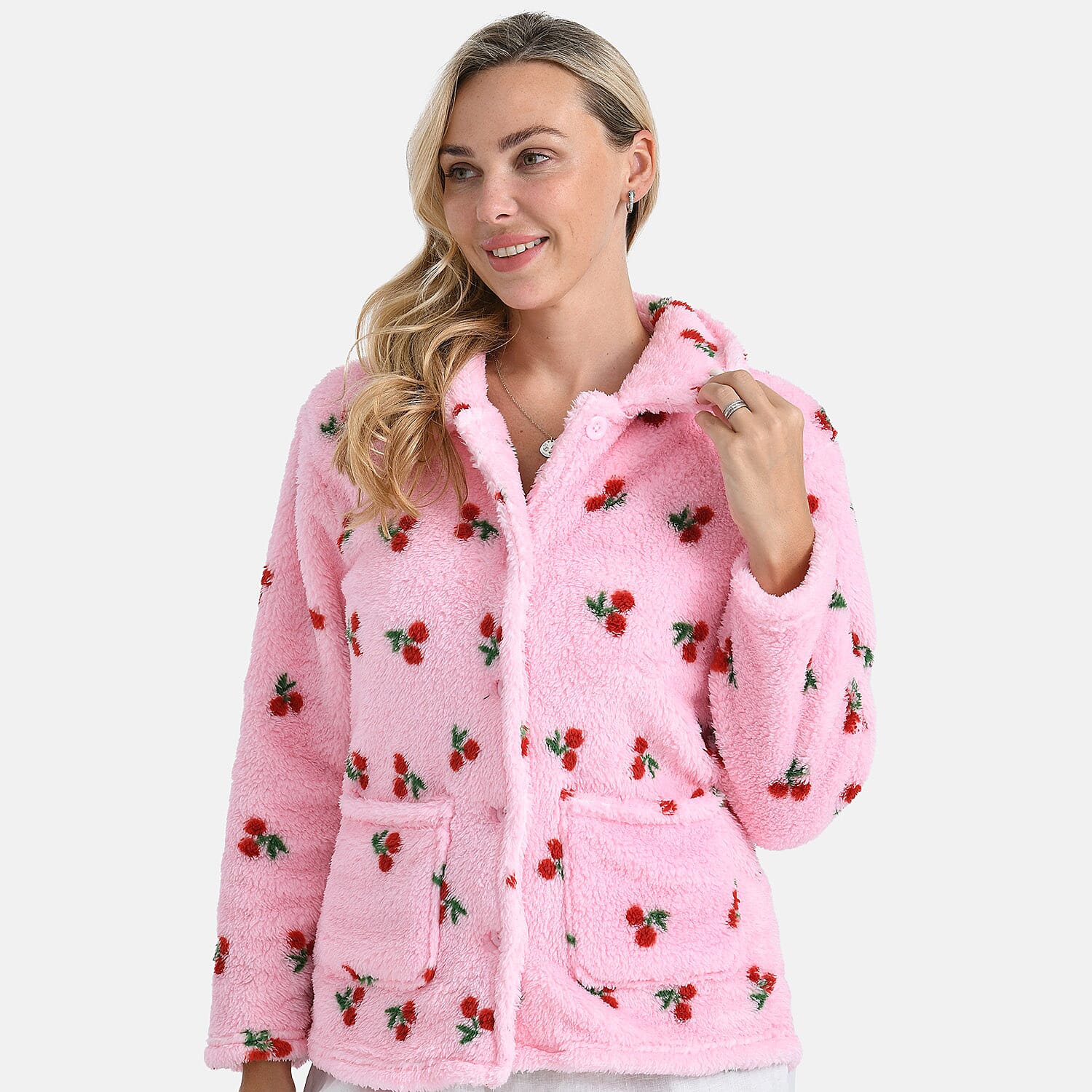 TAMSY Pink Cherries Plush Fleece Collared Button-up Lounge Jacket - Medium