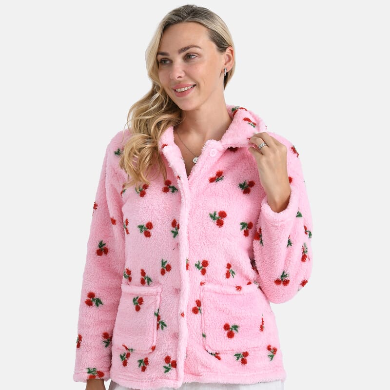 TAMSY Pink Cherries Plush Fleece Collared Button-up Lounge Jacket - Medium