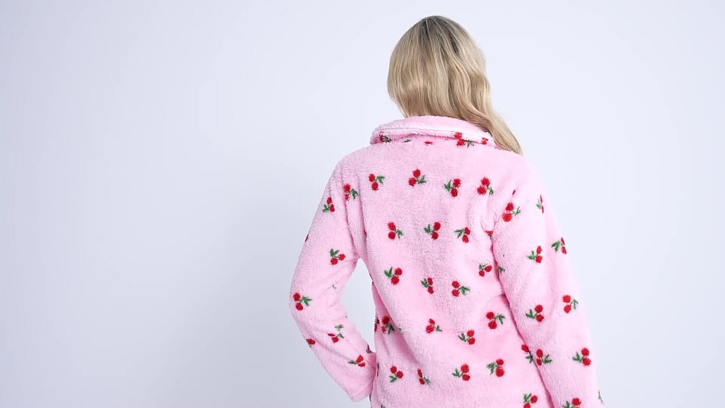 Tamsy Pink Cherry Fleece Long Sleeves Lounge Top - Medium