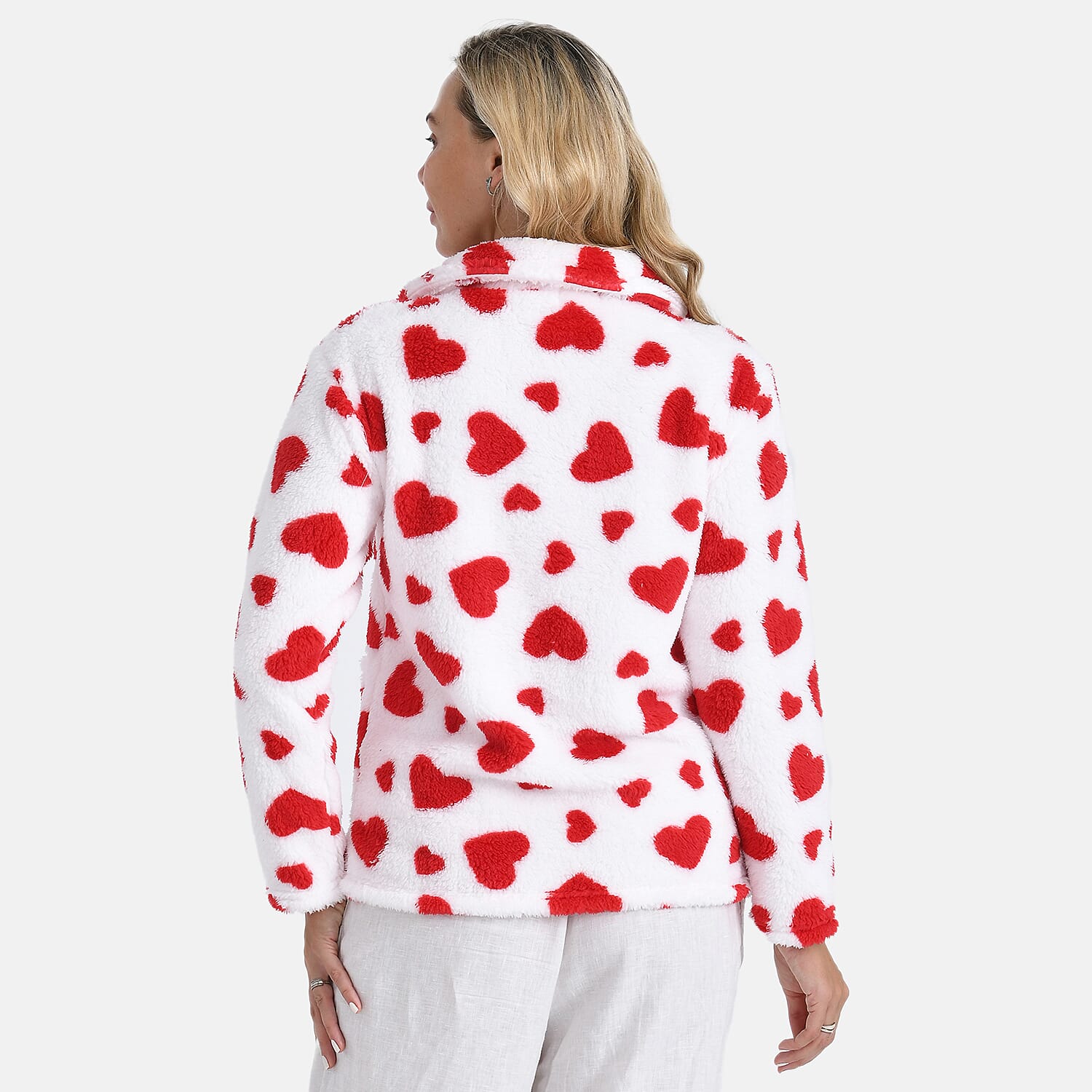 TAMSY Red Hearts Plush Fleece Collared Button-up Lounge Jacket - Large