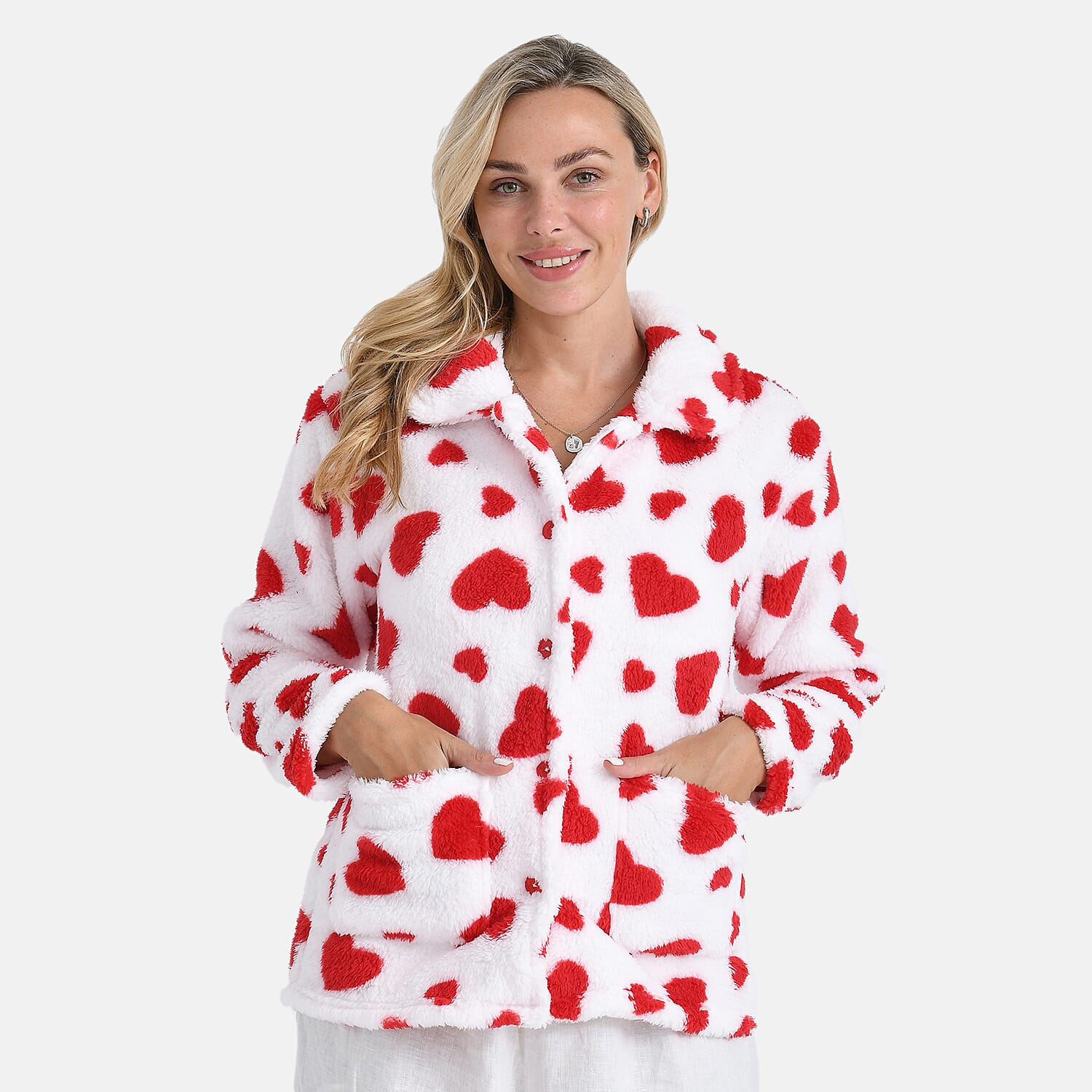 TAMSY Red Hearts Plush Fleece Collared Button-up Lounge Jacket - Large