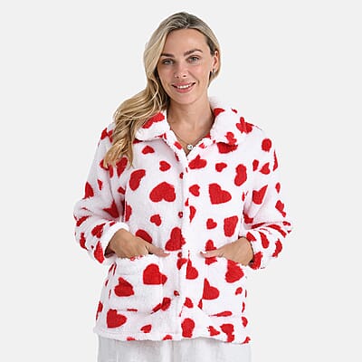 TAMSY Red Hearts Plush Fleece Collared Button-up Lounge Jacket - Large