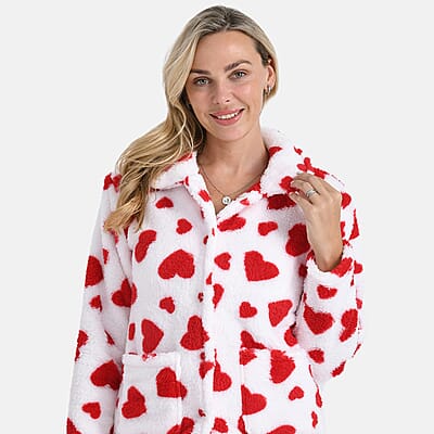 TAMSY Red Hearts Plush Fleece Collared Button-up Lounge Jacket - Large