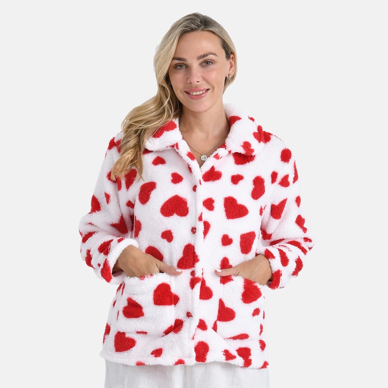 TAMSY Red Hearts Plush Fleece Collared Button-up Lounge Jacket - Medium