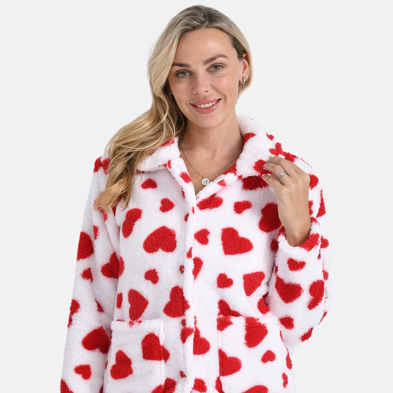 TAMSY Red Hearts Plush Fleece Collared Button-up Lounge Jacket - Medium
