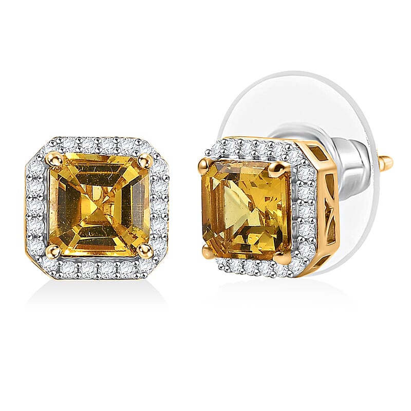 D'Joy Brazilian Heliodor and Moissanite 2.15 ctw Sun Halo Stud Earrings in 18K Vermeil Yellow Gold Over Sterling Silver