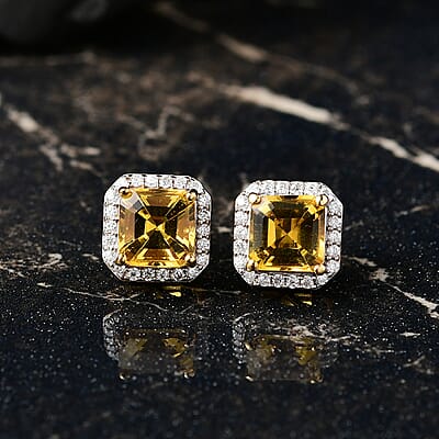 D'Joy Brazilian Heliodor and Moissanite 2.15 ctw Sun Halo Stud Earrings in 18K Vermeil Yellow Gold Over Sterling Silver