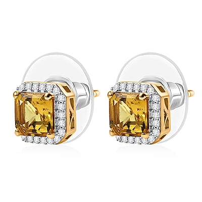 D'Joy Brazilian Heliodor and Moissanite 2.15 ctw Sun Halo Stud Earrings in 18K Vermeil Yellow Gold Over Sterling Silver