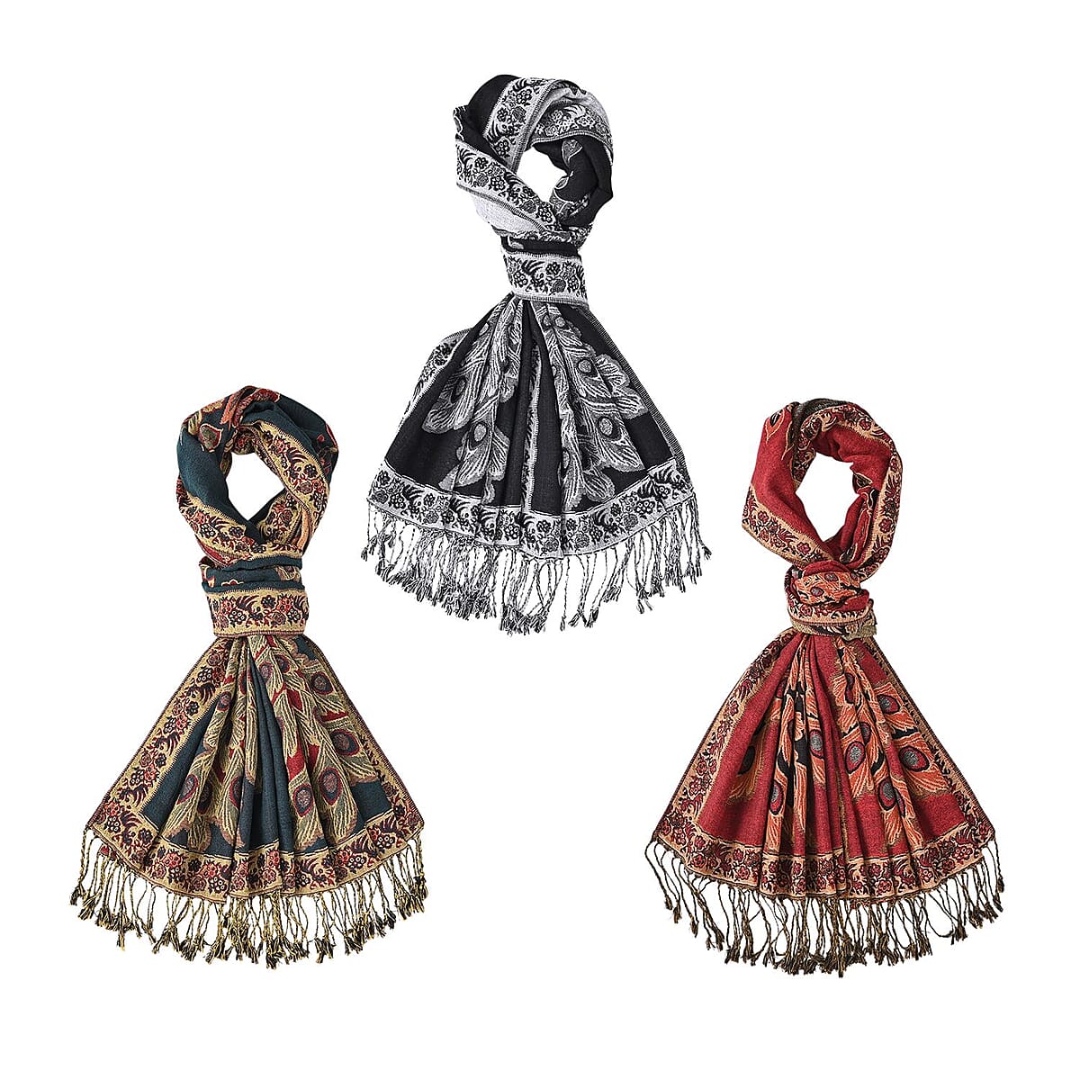 TAMSY Set of 3 Black Red Teal Peacock Woven Scarves – One Size image number 0