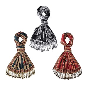 TAMSY Set of 3 Black Red Teal Peacock Woven Scarves – One Size