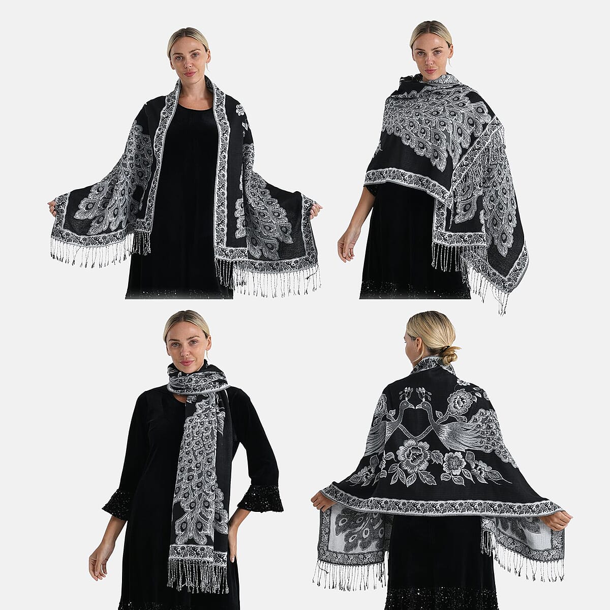 TAMSY Set of 3 Black Red Teal Peacock Woven Scarves – One Size image number 1