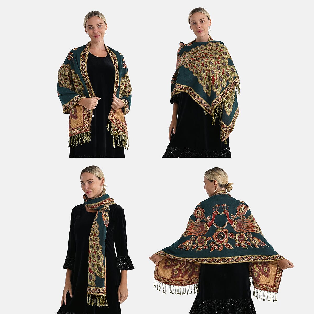 TAMSY Set of 3 Black Red Teal Peacock Woven Scarves – One Size image number 2