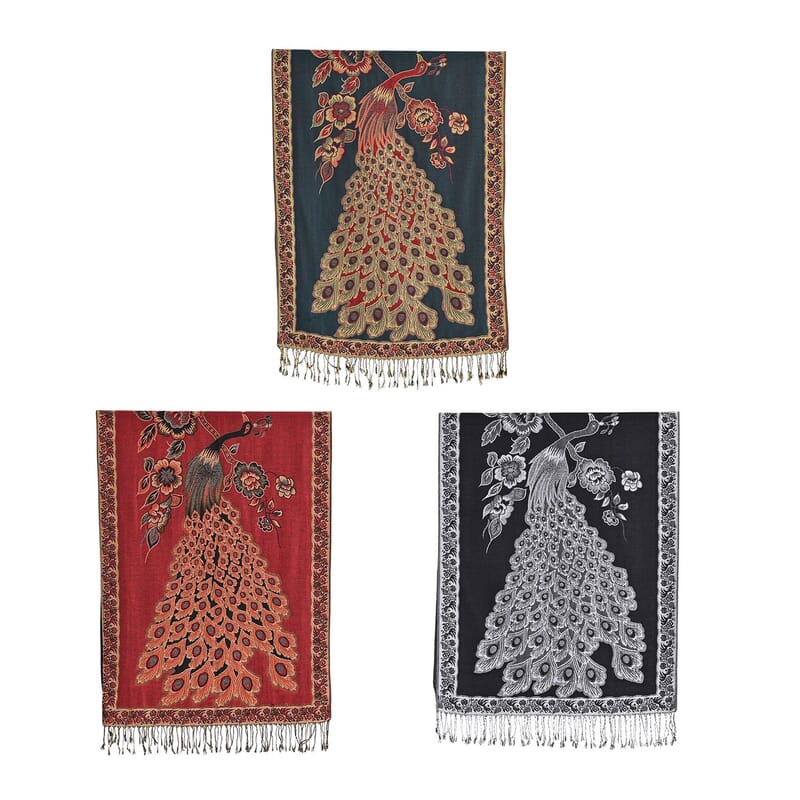 TAMSY Set of 3 Black Red Teal Peacock Woven Scarves – One Size