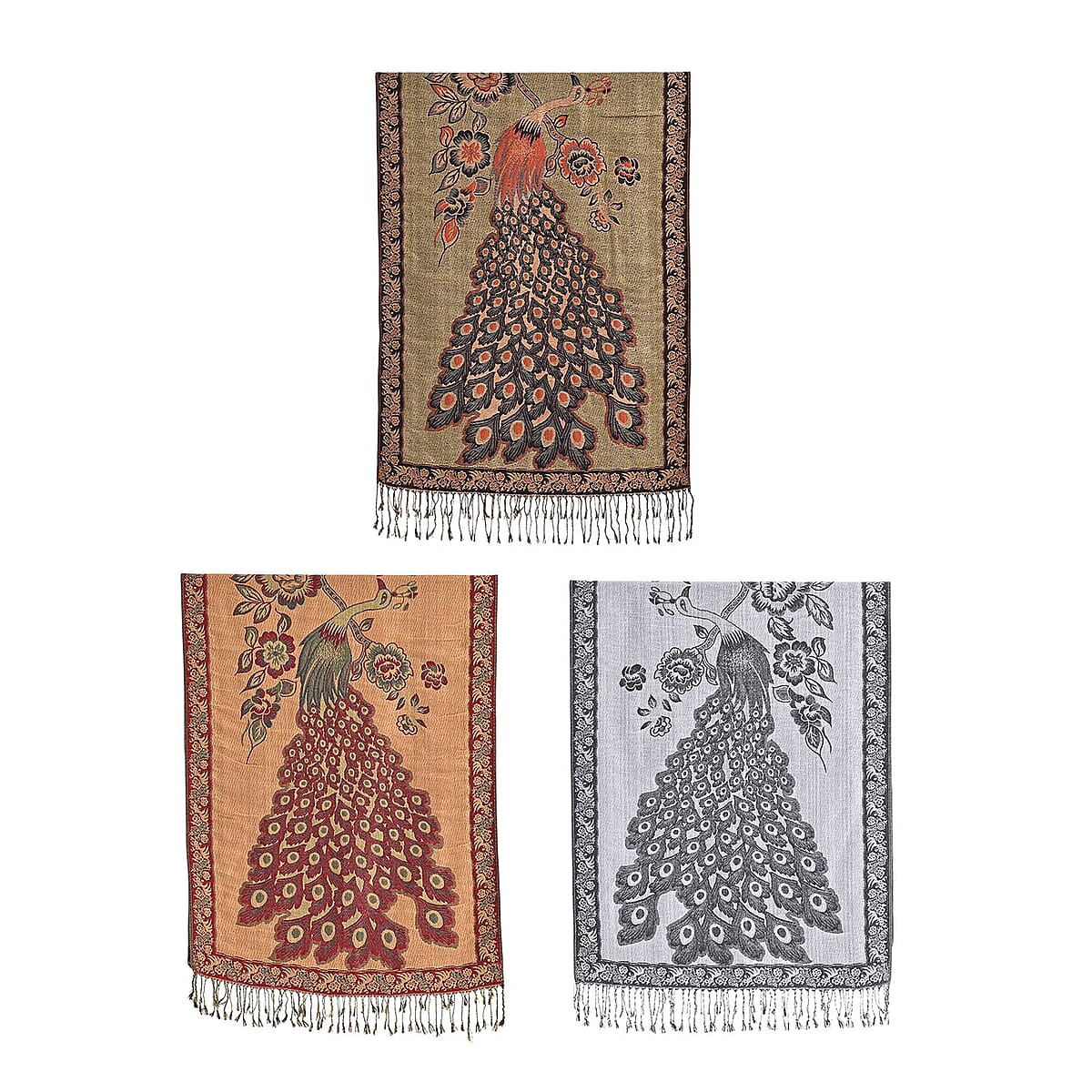 TAMSY Set of 3 Black Red Teal Peacock Woven Scarves – One Size image number 5