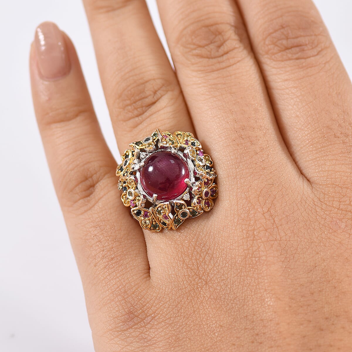 GP Italian Garden Collection Premium African Ruby and Multi Gemstone 10.10 ctw Ring in 18K Vermeil YG and Rhodium Over Sterling Silver (Size 7.0) image number 2