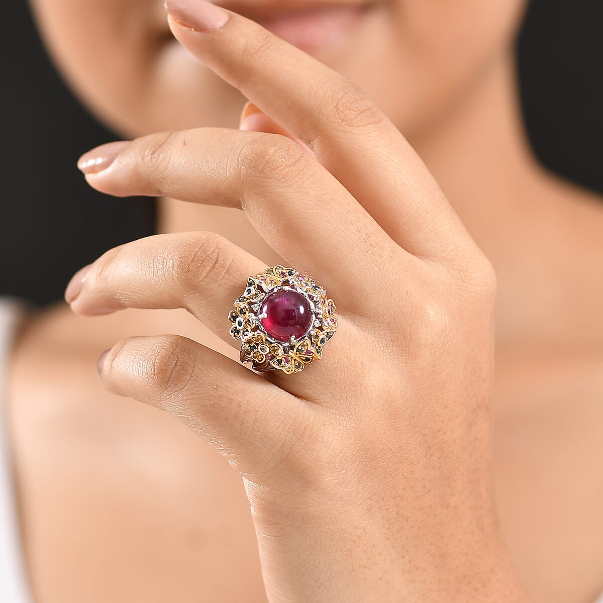 GP Italian Garden Collection Premium African Ruby and Multi Gemstone 10.10 ctw Ring in 18K Vermeil YG and Rhodium Over Sterling Silver (Size 7.0) image number 3