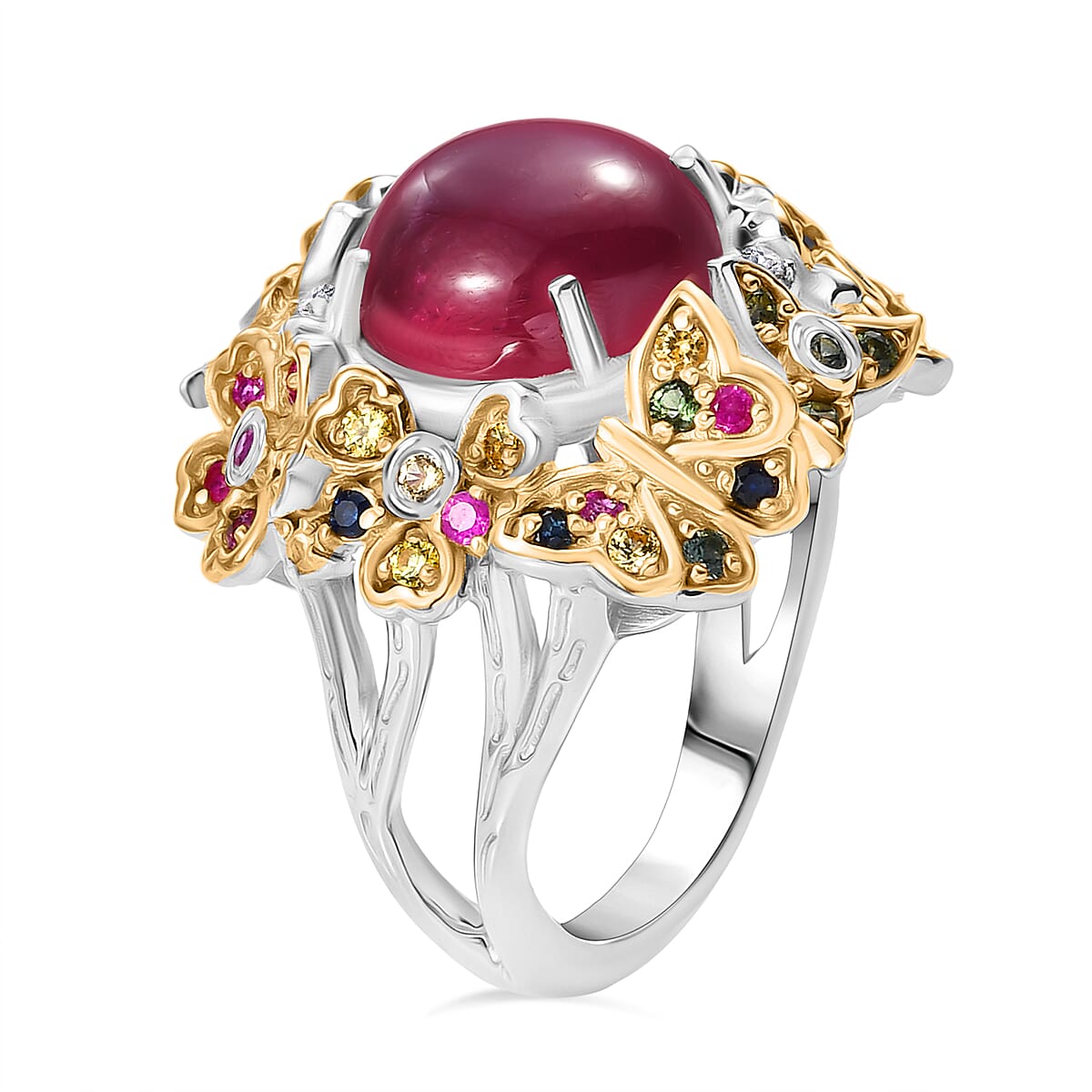 GP Italian Garden Collection Premium African Ruby and Multi Gemstone 10.10 ctw Ring in 18K Vermeil YG and Rhodium Over Sterling Silver (Size 7.0) image number 4