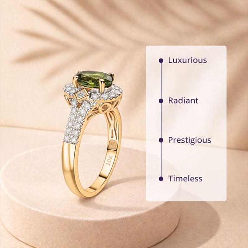Certified and Appraised Luxoro AAA Sapo Green Tourmaline, Diamond Ring in 10K Yellow Gold 1.77 ctw (Size 10.5)