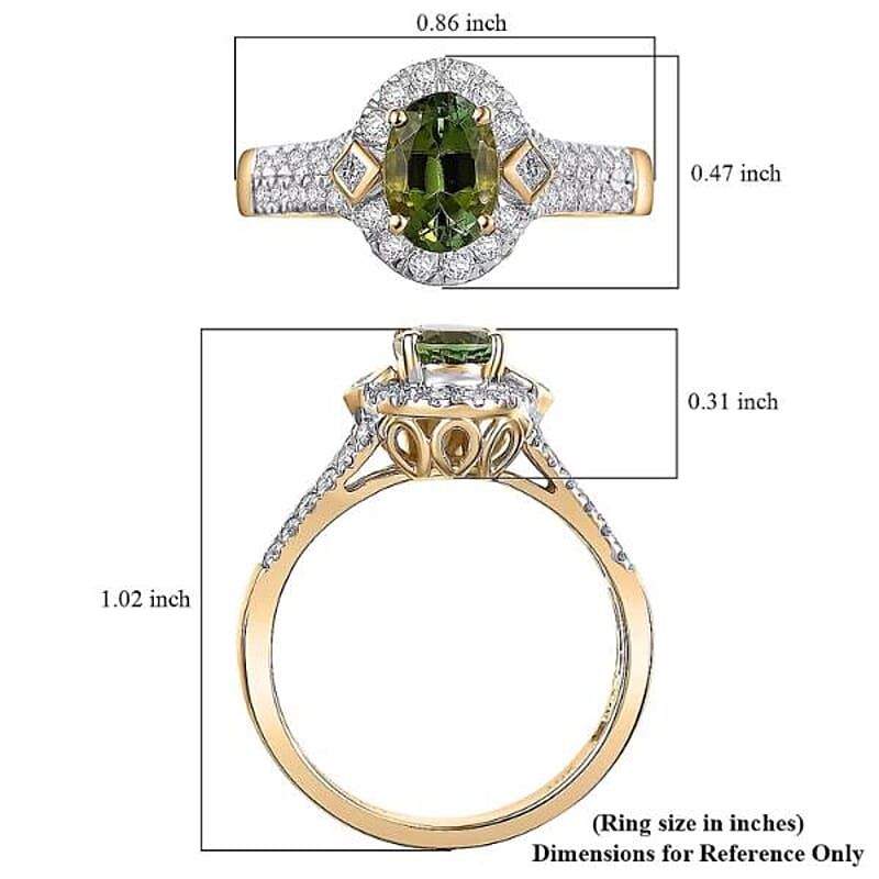 Certified and Appraised Luxoro AAA Sapo Green Tourmaline, Diamond Ring in 10K Yellow Gold 1.77 ctw (Size 10.5)