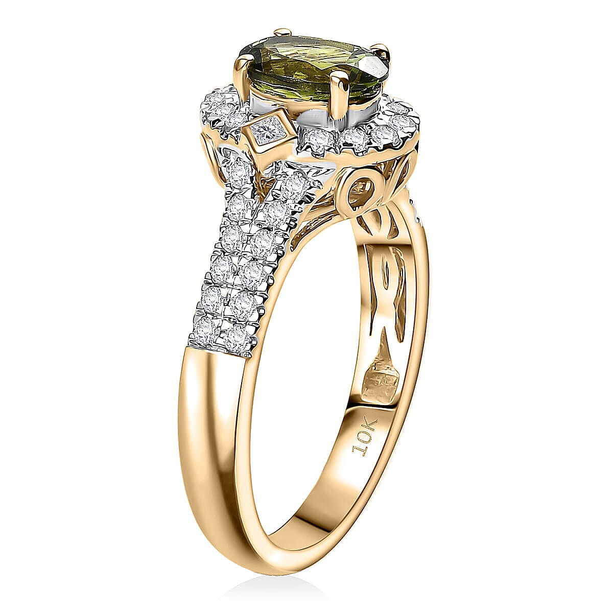 Certified Luxoro AAA Sapo Green Tourmaline, Diamond Ring in 10K Yellow Gold 1.77 ctw (Size 12.0) image number 3