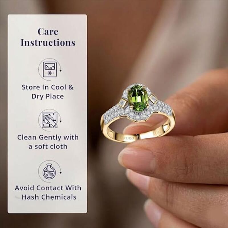 Certified and Appraised Luxoro AAA Sapo Green Tourmaline, Diamond Ring in 10K Yellow Gold 1.77 ctw (Size 5.0)
