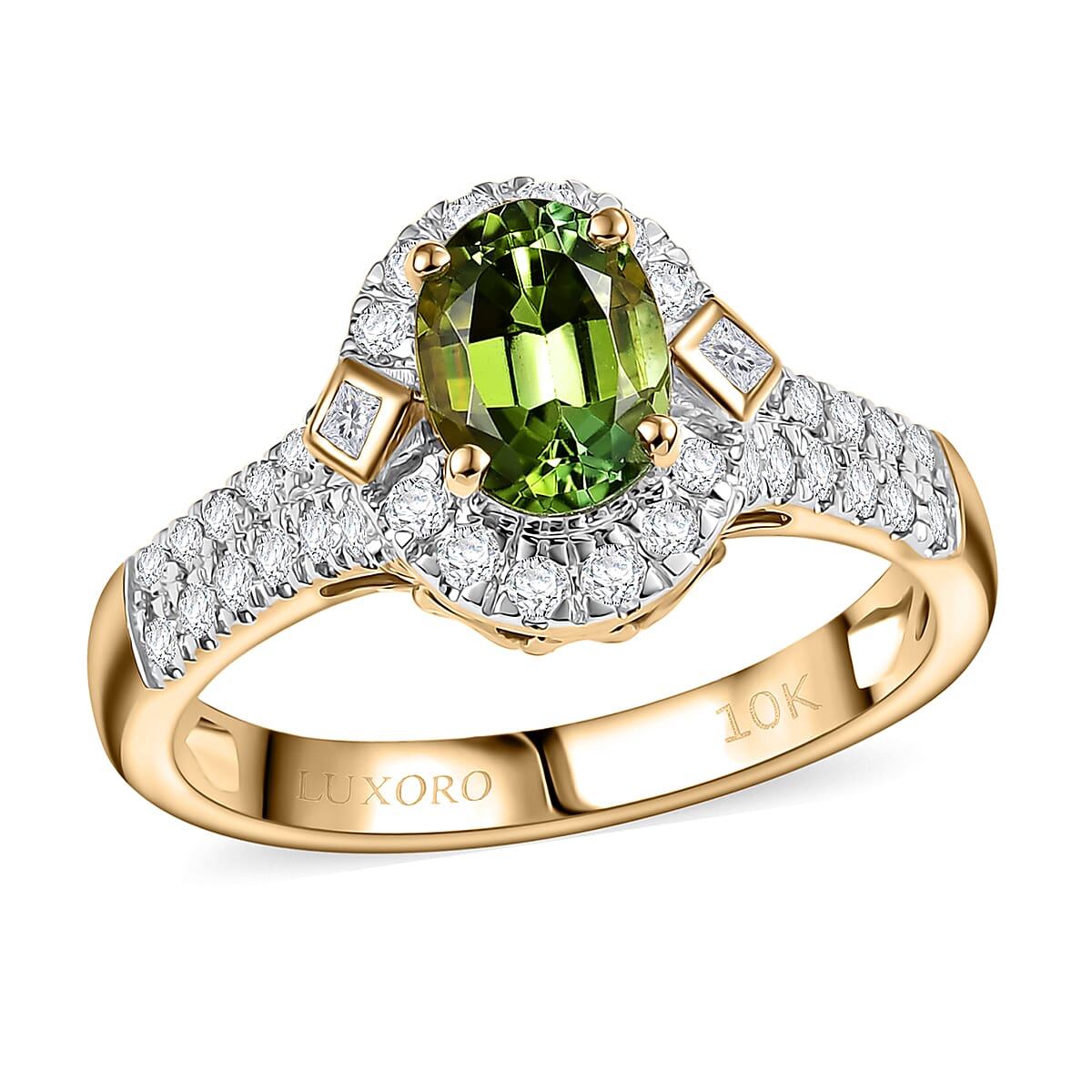 Certified & Appraised Luxoro AAA Sapo Green Tourmaline and I2 Diamond 1.77 ctw Ring in 10K Yellow Gold (Size 7.0) image number 0
