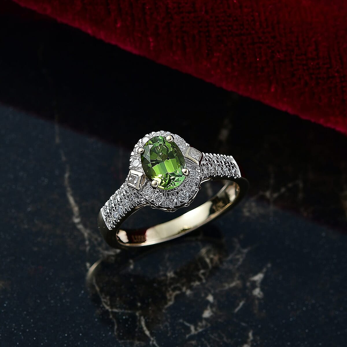 Certified Luxoro AAA Sapo Green Tourmaline, Diamond Ring in 10K Yellow Gold 1.77 ctw (Size 7.5) image number 1