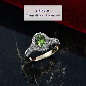 Certified and Appraised Luxoro AAA Sapo Green Tourmaline, Diamond Ring in 10K Yellow Gold 1.77 ctw (Size 8.5)
