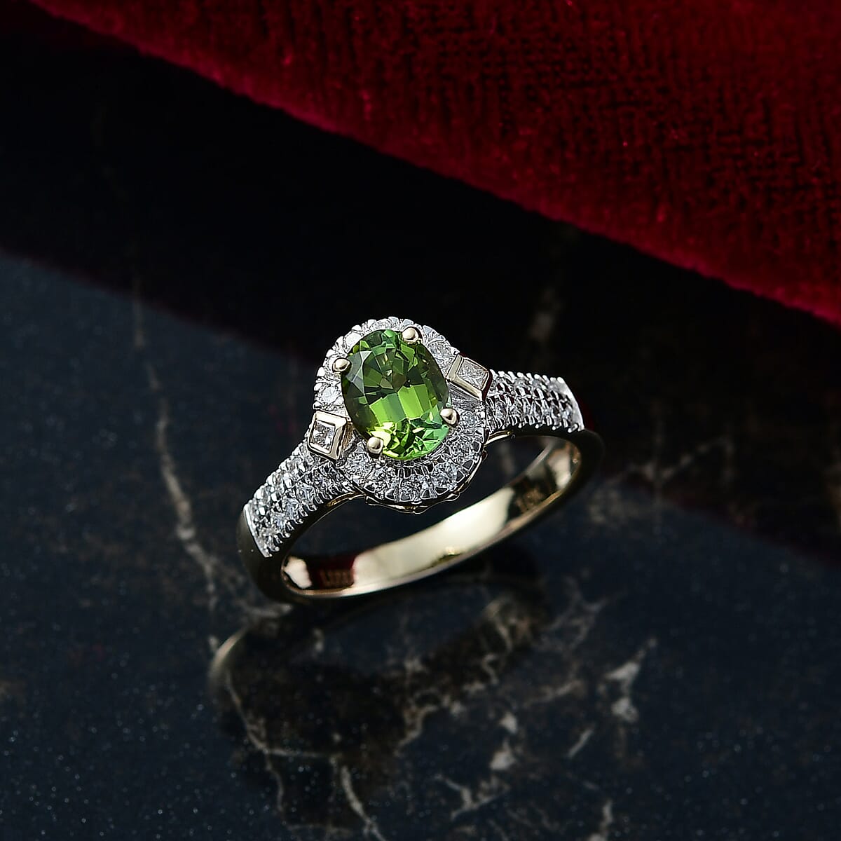Certified & Appraised Luxoro AAA Sapo Green Tourmaline and I2 Diamond 1.77 ctw Ring in 10K Yellow Gold (Size 9.0) image number 1